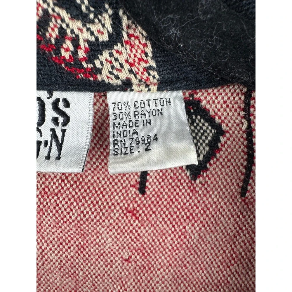 Chico's Design Jacket Womens 2 Large Black Red Tapestry‎ Cotton Blend Boho Artsy